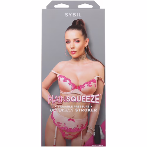 Model in pink lingerie on the packaging of the Main Squeeze Doc Johnson Sybil Ultraskyn Stroker, available at The Loving C...