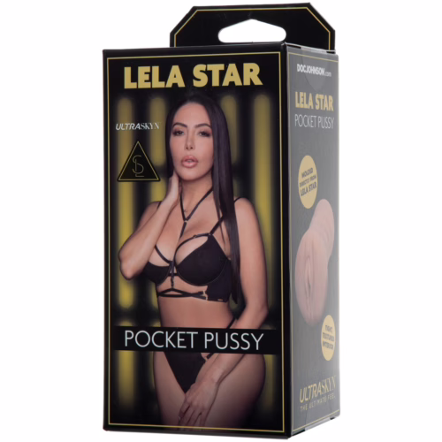 Experience pleasure with the Lela Star Ultraskyn Pocket Pussy, crafted for maximum satisfaction. Lela Star Ultraskyn Pocket Pussy packaging, showcasing a model in a black outfit