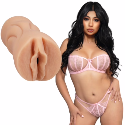 Explore pleasure with the Cami Strella Ultraskyn Pocket Pussy, available at The Loving Company. Cami Strella Ultraskyn Pocket Pussy, next to a model in pink lingerie