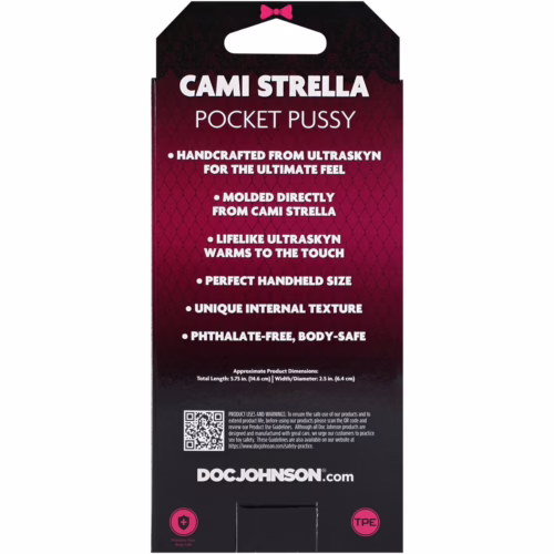 Experience lifelike sensations with the Cami Strella Pocket Pussy, available at The Loving Company. Cami Strella Pocket Pussy product packaging, showcasing features and dimensions