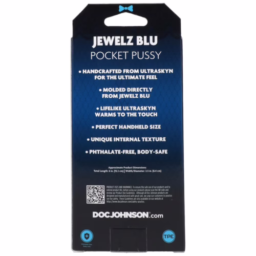 Jewelz Blu Pocket Pussy packaging, detailing features and dimensions