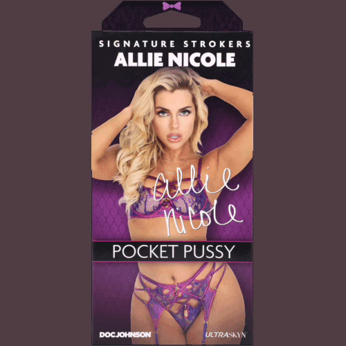 Discover the Allie Nicole Signature Stroker, designed for an unforgettable experience. Packaging for Allie Nicole Signature Stroker, featuring a model in purple lingerie
