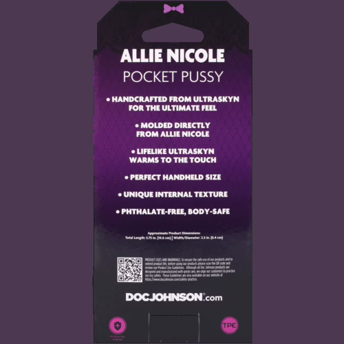 Discover the ultimate feel with the Allie Nicole Ultraskyn Pocket Pussy. Packaging for Allie Nicole Pocket Pussy, highlighting features and dimensions