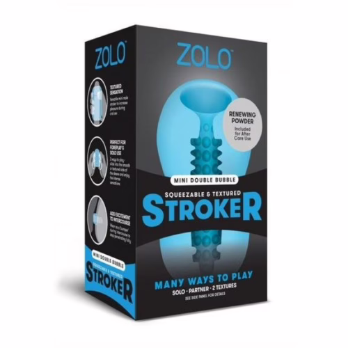 Zolo Mini Stroker box featuring blue design, textured interior, and text noting it's