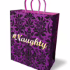Get ready to add some fun to your gifts with the Little Genie Naughty Gift Bag! Purple gift bag with black patterns and '#Naughty' text