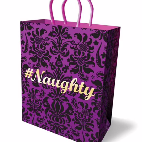 Get ready to add some fun to your gifts with the Little Genie Naughty Gift Bag! Purple gift bag with black patterns and '#Naughty' text