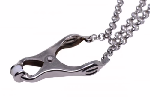 Silver triple chain nipple clamps, with a shiny finish and adjustable grips