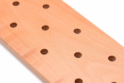 Strict wooden paddle with a tan finish and holes
