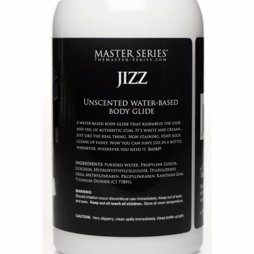 Bottle of 'JIZZ' unscented water-based body glide, showing product details and ingredients