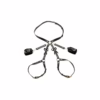 Black bondage harness with bows and gold accents