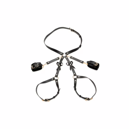 Black bondage harness with bows and gold accents