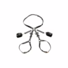 A black bondage harness with bows and gold accents