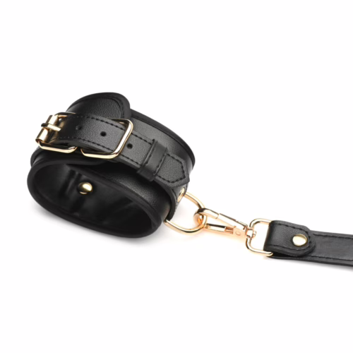Black leather bondage harness with gold hardware and bows