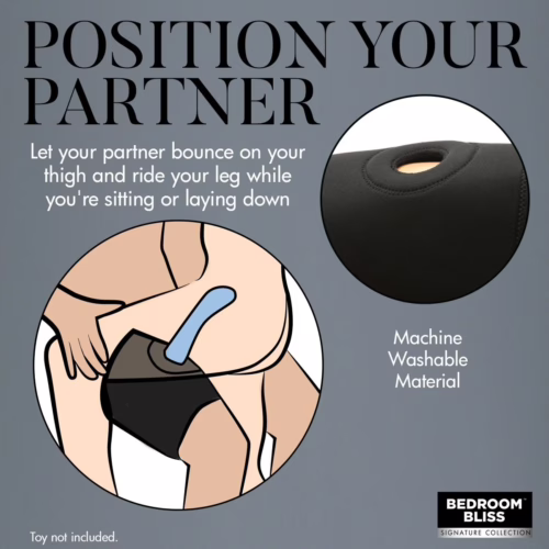 Discover New Ways To Connect With Your Partner Using This Thigh Positioning Aid. Instructional Graphic For A Thigh Positioning Aid, Available At The Loving Company. Machine Washable Material Shown.
