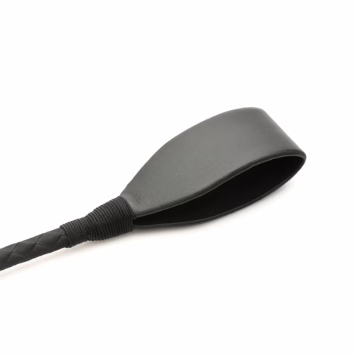 Black riding crop with a smooth paddle and braided handle