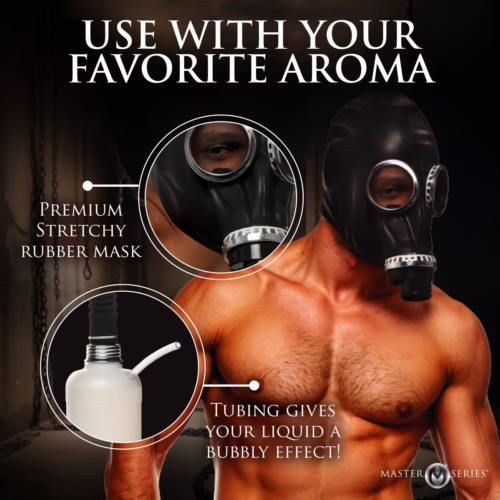 Master Series Dark Inhaler Gas Mask with tubing, shown with a model's upper body
