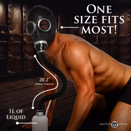Black gas mask with clear lenses and flexible hose connected to a bottle
