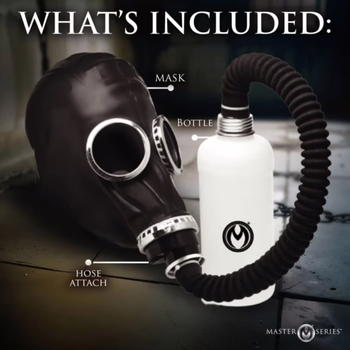 Master Series Dark Inhaler Gas Mask with black mask, white bottle, and hose attachment