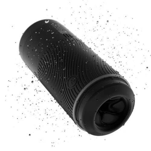 Arcwave Pow male masturbator with air pressure control, shown with water droplets
