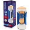 Autoblow 2+ Xt Machine with a blue and white casing, orange top, and textured sleeve