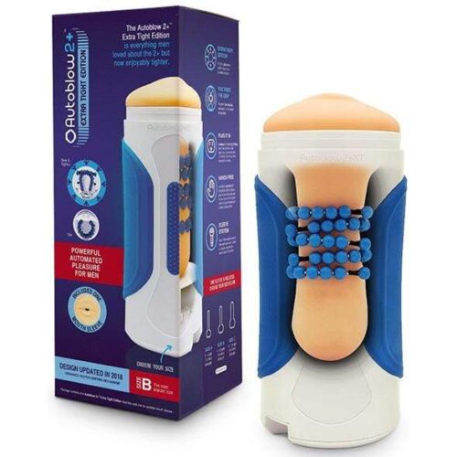 Autoblow 2+ Xt Machine with a blue and white casing, orange top, and textured sleeve