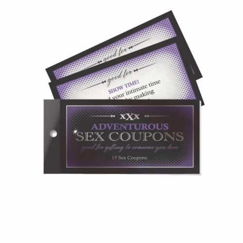 Ignite passion with these fun and adventurous sex coupons! Adventurous sex coupons with a purple and black design