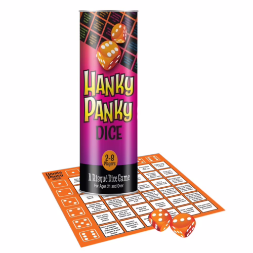 Enjoy a lively evening with the Hanky Panky Dice game, perfect for adult fun! Hanky Panky Dice game set with a colorful tube, two dice, and an orange game board