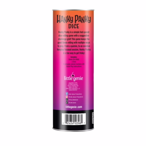 Get ready for a flirty night in with the Hanky Panky Dice Game! Hanky Panky Dice Game packaging, colorful design