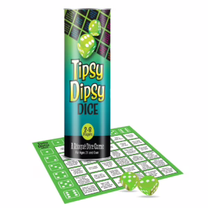 Get ready for a fun night with the Tipsy Dipsy Dice Game, perfect for adult gatherings! Tipsy Dipsy Dice Game, featuring a cylindrical container, two green dice, and a game board