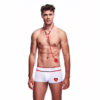 Model in white and red doctor outfit with stethoscope