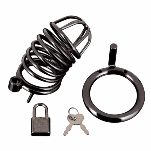 Explore new dimensions of control with the Blue Line Deluxe Chastity Cock Cage. Blue Line Deluxe Chastity Cock Cage with spiral design, padlock, and keys