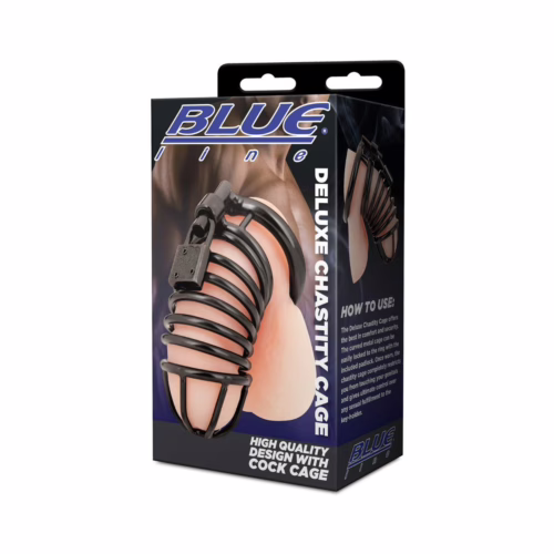 Explore new levels of intimacy with the Blue Line Deluxe Chastity Cock Cage. Blue Line Deluxe Chastity Cock Cage packaging, featuring a black design