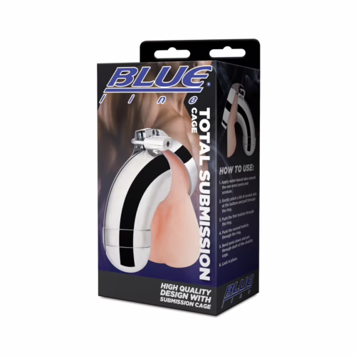 Blue Line Total Submission Cock Cage in silver, displayed in packaging
