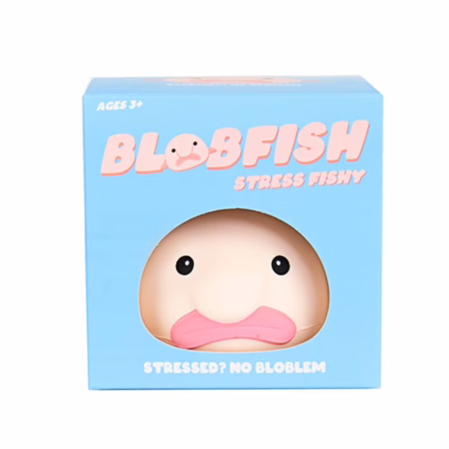 Blobfish Stress Toy in a blue box with the text ''
