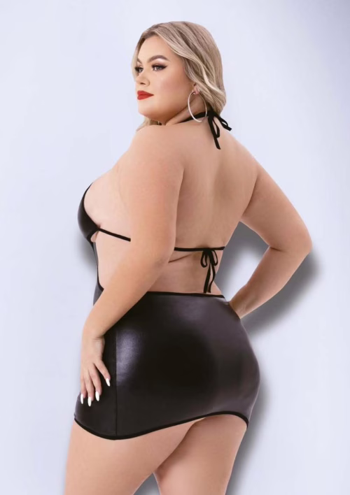 Black criss cross wetlook halter mini dress on a model