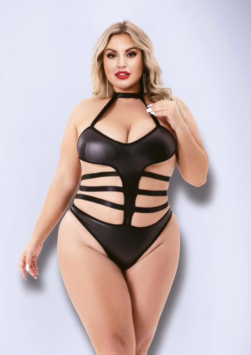 Baci Halter Top Wetlook Teddy in black, with cut-out details