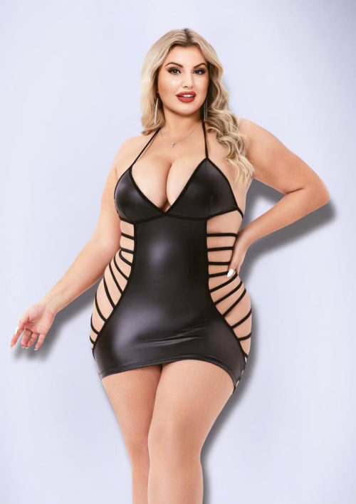 Baci Strappy Wetlook Mini Dress in black with side cutouts