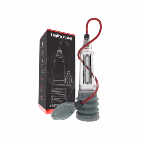 Bathmate Hydroxtreme penis pump with a clear chamber and hand pump