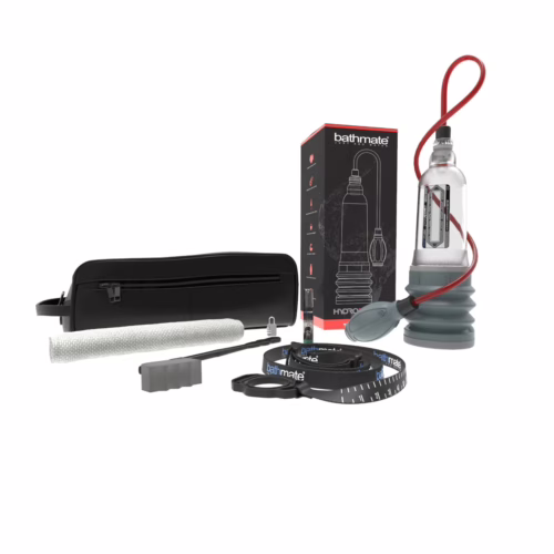 Bathmate Hydroxtreme Penis Pump kit with pump, measuring tape, and black carrying case