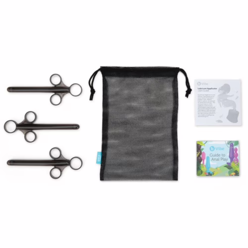 B-Vibe Lubricant Applicator Set with three applicators, a mesh bag, and guides