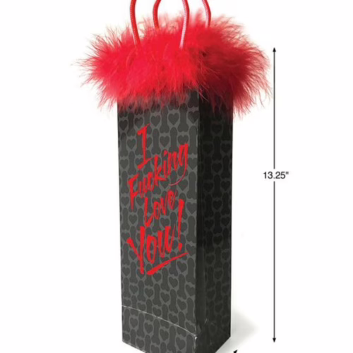 Express your affection with this playful gift bag, perfect for any occasion. Gift bag with red fluffy trim and the text 'I Fucking Love You!'