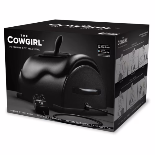 Experience ultimate pleasure with The Cowgirl premium sex machine. The Cowgirl premium sex machine, displayed in a black box with control options