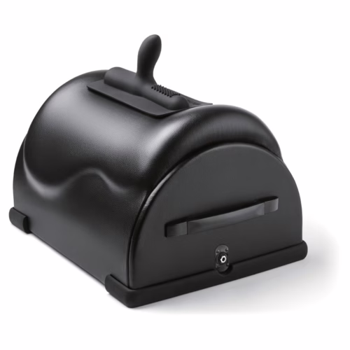 A stylish black storage box perfect for organization. A black curved storage box with a handle