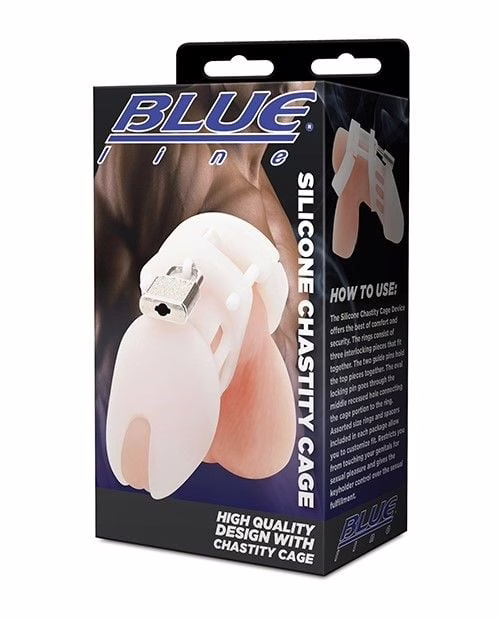 Discover ultimate control with the Blue Line Silicone Chastity Cock Cage, available at The Loving Company. Blue Line Silicone Chastity Cock Cage packaging, featuring a white silicone design
