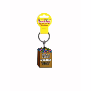 Add a touch of humor to your keys with this fun and quirky keychain! A humorous keychain with a bag graphic saying 'Suck a Bag of DICKS!'