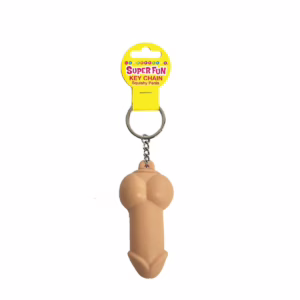 Add a touch of humor to your keyring with this squishy penis keychain! Squishy penis keychain with a yellow tag labeled 'Super Fun Key Chain'
