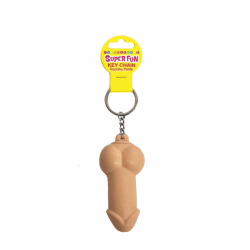 Add a touch of humor to your keyring with this squishy penis keychain! Squishy penis keychain with a yellow tag labeled 'Super Fun Key Chain'