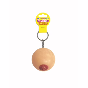 Add a touch of humor to your keys with this squishy boob key chain! Squishy boob key chain with a yellow tag