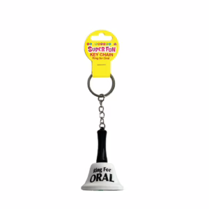 Add a touch of fun to your keys with this quirky keychain! A keychain with a bell labeled 'Ring For ORAL'