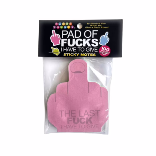 Express your feelings with this playful sticky note pad, perfect for a touch of humor. A pink sticky note pad in the shape of a hand with the text 'THE LAST FUCK I HAVE TO GIVE'